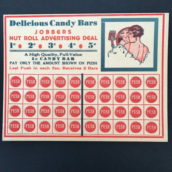 Vintage 1920s Gambling Punch Out Card Advertising Jobbers Nut Roll Candy Bar - Picture 1 of 4